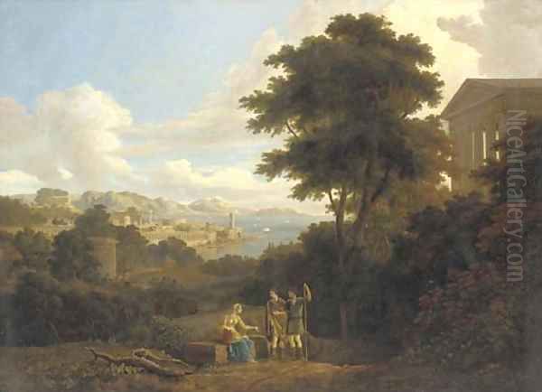 A classical landscape with figures conversing on a hilltop near a temple, a coastal town beyond Oil Painting by Hendrik Frans Van Lint