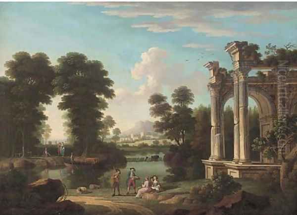 A classical wooded river landscape with elegant company discoursing by ruins Oil Painting by Hendrik Frans Van Lint