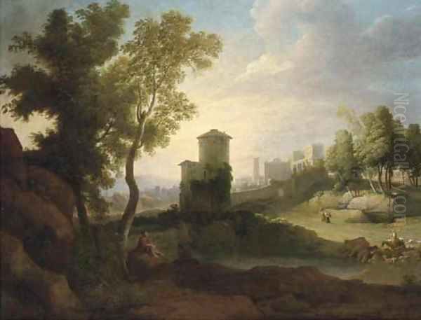 A classical landscape with a drover and cattle at a lake, a walled town beyond Oil Painting by Hendrik Frans Van Lint