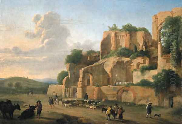 The Palatine Hill seen from the Circus Maximus with drovers, livestock and other figures Oil Painting by Hendrik Frans Van Lint