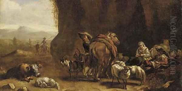 Drovers resting in a grotto Oil Painting by Pieter Jacobsz Van Laer