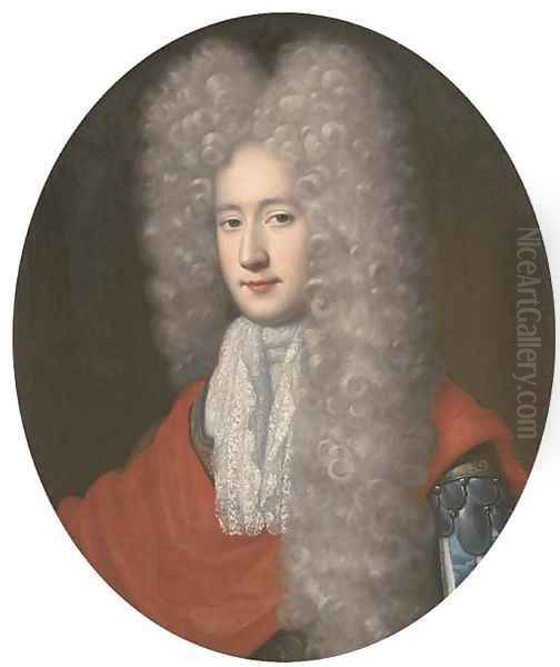 Portrait of a gentleman, bust-length, wearing an armoured tunic, red wrap and long wig Oil Painting by Jean Baptiste van Loo