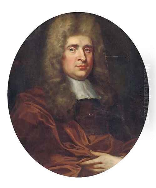 Portrait of a gentleman, half-length, in a white collar and maroon wrap Oil Painting by Jean Baptiste van Loo