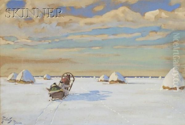 Snowy Hayfield With Horse-drawn Sleigh Oil Painting by Julian Falat