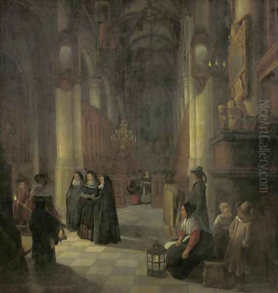 Elegant women and other townsfolk in the aisle of a Gothic church at night Oil Painting by Anthonie De Lorme