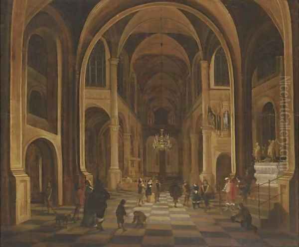 The interior of a church at night, with elegant figures in the foreground Oil Painting by Anthonie De Lorme