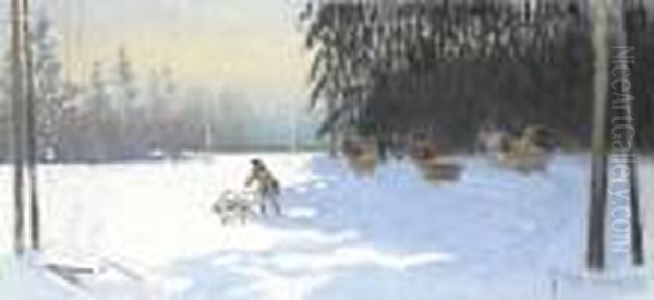 Winter Hunt In Nieswiez Oil Painting by Julian Falat