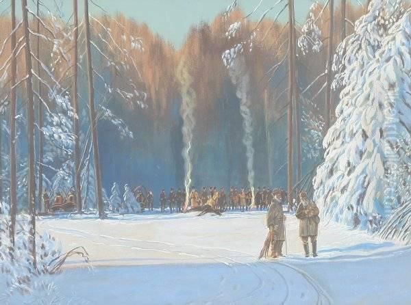 Winter Scene With Hunters Oil Painting by Julian Falat