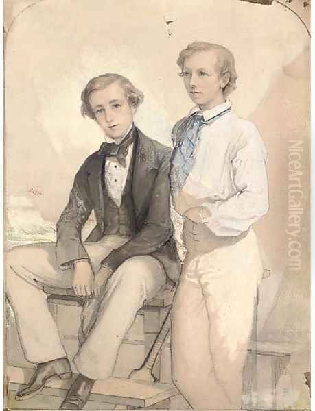 A portrait of Arthur and Kenneth Deighton with their cricket bat Oil Painting by Albert Ludovici