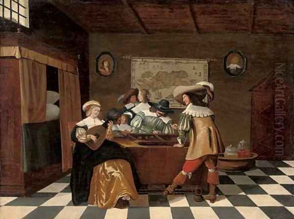 Backgammon players at a table with a lady playing a lute in an interior Oil Painting by Christoffel Jacobsz van der Lamen