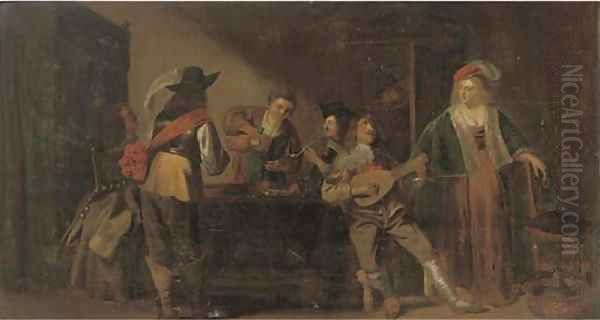 Elegant company drinking, smoking and making music in an interior Oil Painting by Christoffel Jacobsz van der Lamen