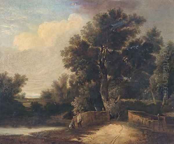 Figures by a bridge in a wooded landscape Oil Painting by John Berney Ladbrooke