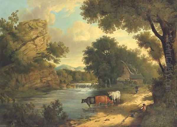 View near Knaresborough, with cattle and figures by a river Oil Painting by Henry Ladbrooke