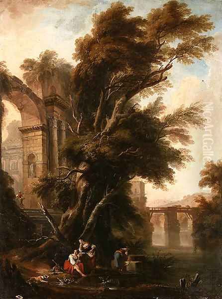 A Classical Landscape with Washerwomen beside Ruins on a Riverbank, a Bridge beyond Oil Painting by Nicolas Lavreince