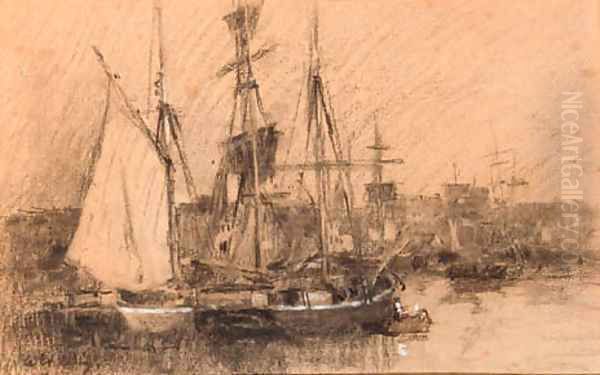 Ships in a French port Oil Painting by Albert Lebourg