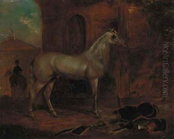 A grey stallion in a stable, a portico beyond Oil Painting by George Henry Laporte