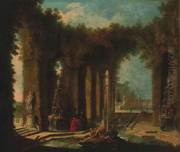 Elegant figures in an ornemental water garden Oil Painting by Jacques de Lajoue