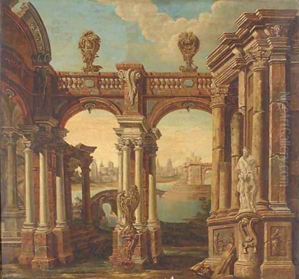 A capriccio of classical buildings with a lake and a town beyond Oil Painting by Jacques de Lajoue