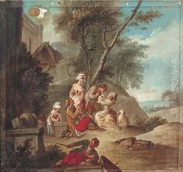 Amorous couples in a garden with children and a young fisherman, the sea beyond Oil Painting by Jean Baptiste Leprince