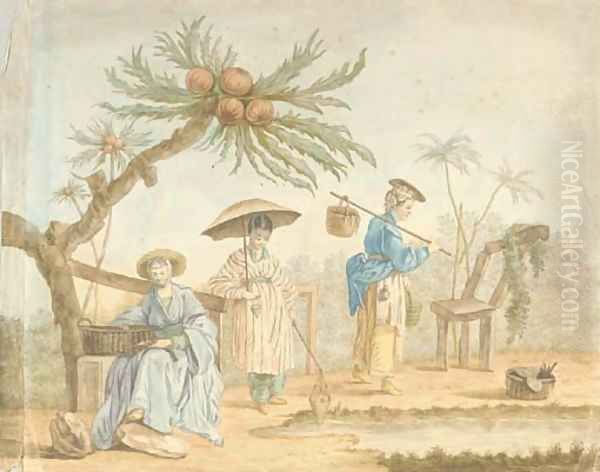 Three women in oriental costume beneath an exotic tree Oil Painting by Jean Baptiste Leprince