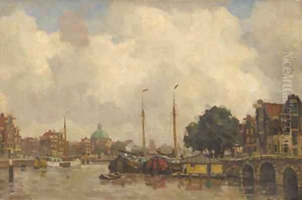 View of the Singel, Amsterdam, with the Koepelkerk beyond Oil Painting by Frans Langeveld