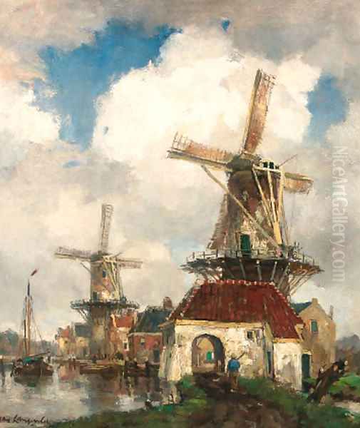 Windmills along a canal Oil Painting by Frans Langeveld