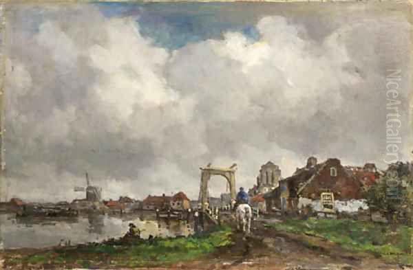 A horseman crossing a drawbridge, a town beyond Oil Painting by Frans Langeveld