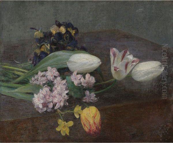 Jacinthes, Tulipes Et Pensees Posees Sur Une Table Oil Painting by Ignace Henri Jean Fantin-Latour