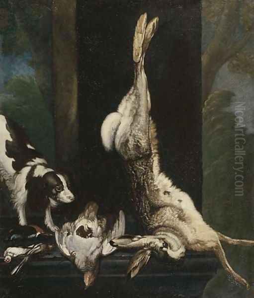 A sporting dog approaching dead song birds, a pheasant and a hare on a stone ledge Oil Painting by Cornelis van Lelienbergh