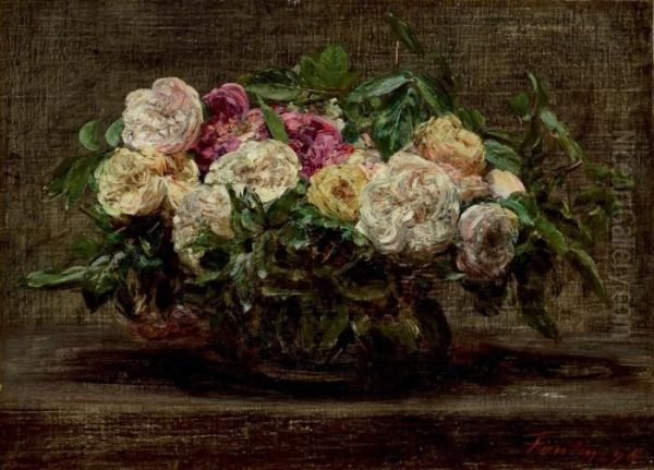 Roses Epanouies Oil Painting by Ignace Henri Jean Fantin-Latour