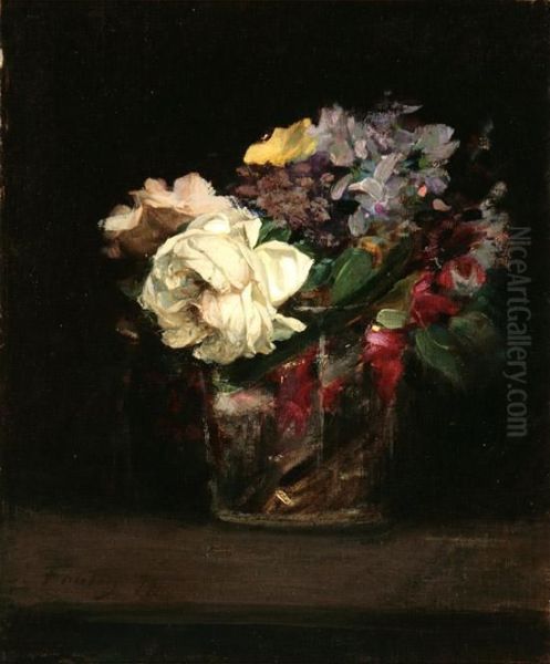 Flowers In A Glass Vase Oil Painting by Ignace Henri Jean Fantin-Latour