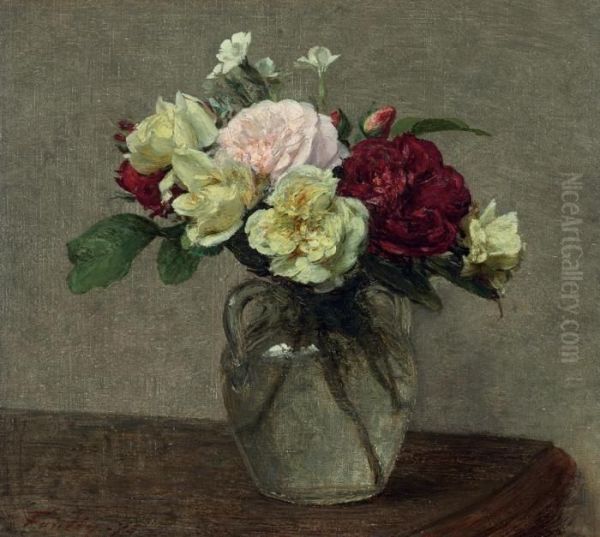 Bouquet De Roses Varies Oil Painting by Ignace Henri Jean Fantin-Latour