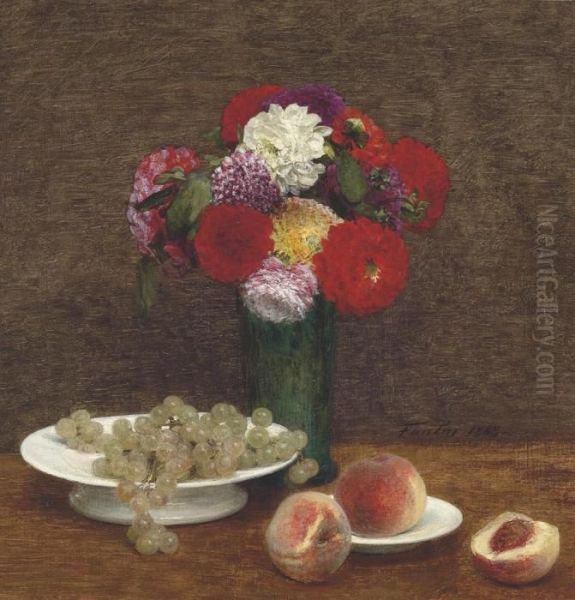 Nature Morte (dahlias, Raisins Et Peches) Oil Painting by Ignace Henri Jean Fantin-Latour