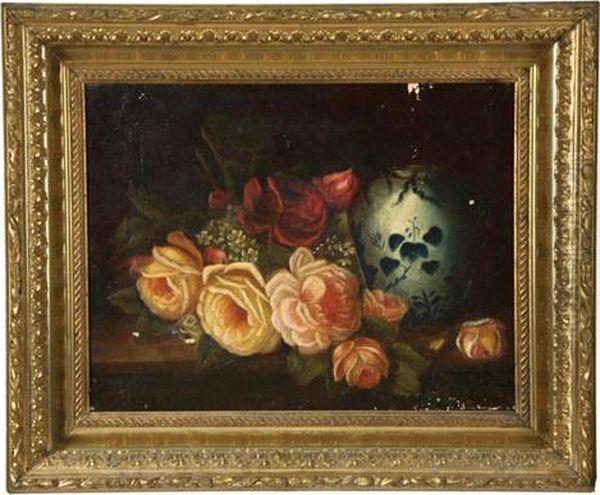 Pink And Red Roses And A Blue And White Vase Oil Painting by Ignace Henri Jean Fantin-Latour