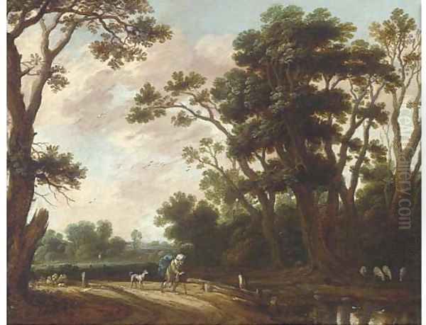 A landscape with a traveller and a dog on a track Oil Painting by Jasper van der Lanen