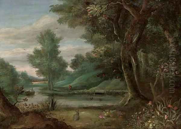 A wooded river landscape with a traveller on a path Oil Painting by Jasper van der Lanen