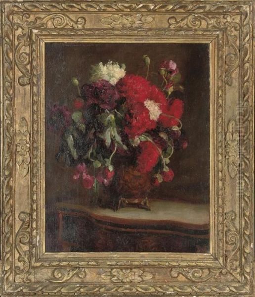 Chrysanthemums And Roses In A Vase, On A Table Oil Painting by Ignace Henri Jean Fantin-Latour