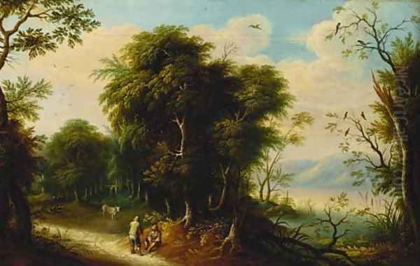 A wooded river landscape with figures on a track Oil Painting by Jasper van der Lanen