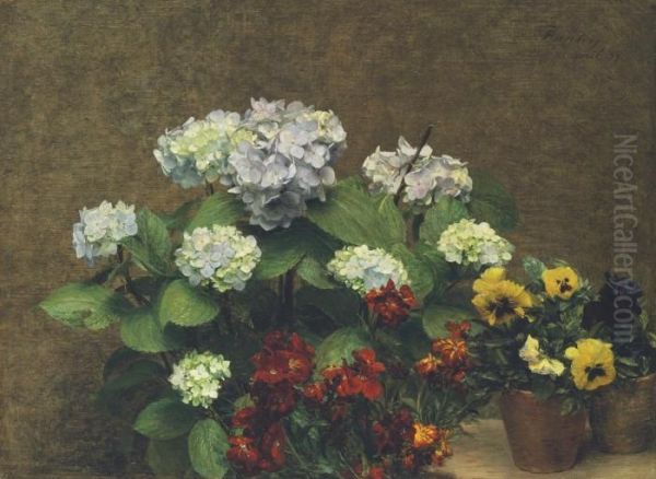 Fleurs (hortensias, Giroflees, Deux Pots De Pensees) Oil Painting by Ignace Henri Jean Fantin-Latour