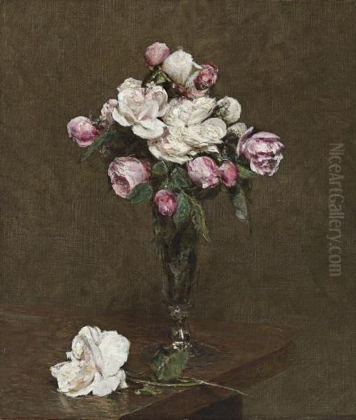 Roses Blanches Et Roses Dans Une Flute A Champagne Oil Painting by Ignace Henri Jean Fantin-Latour