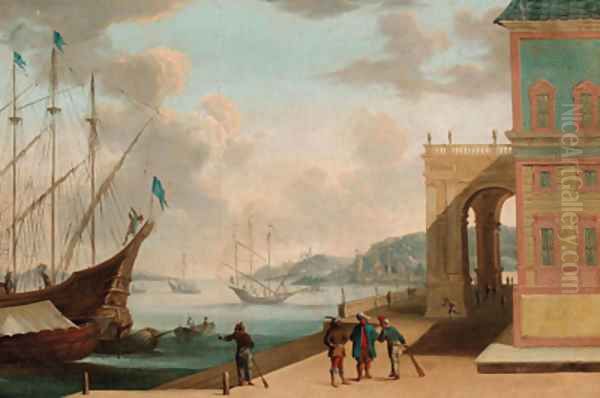 A capriccio of a Mediterranean harbour with Oriental merchants conversing on a quay Oil Painting by Johannes Lingelbach