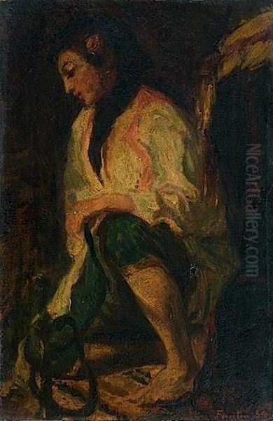 Femme Au Narguile D'apres Eugene
 Delacroix, Copie Partielle De Son Tableau 'les Femmes D'alger Dans Leur
 Appartement' Oil Painting by Ignace Henri Jean Fantin-Latour