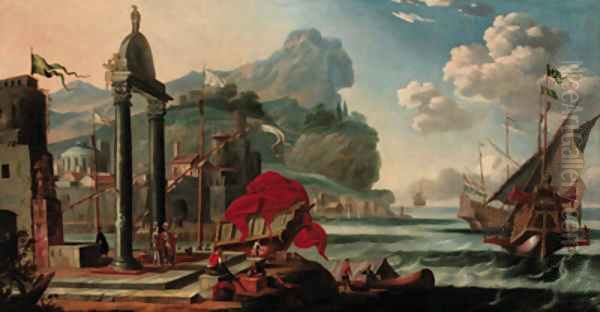 A Levantine harbour with moored boats and elegant figures on a quay Oil Painting by Johannes Lingelbach