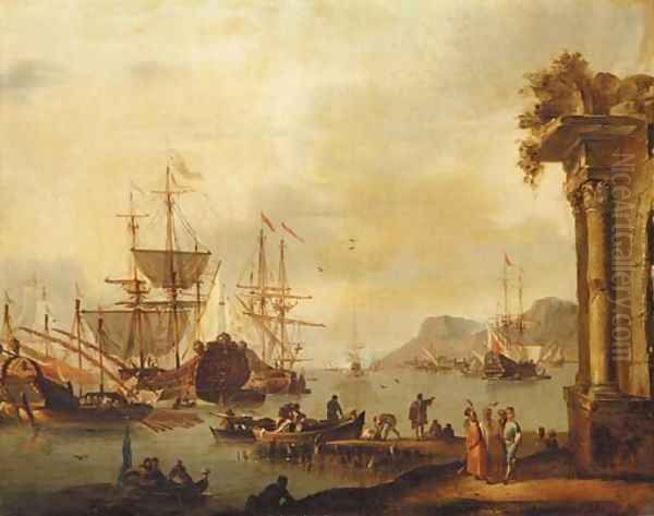 A Mediterranean harbor with merchants Oil Painting by Johannes Lingelbach