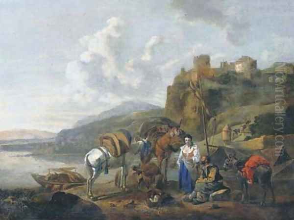 An Italianate river landscape with travellers by a ferry Oil Painting by Johannes Lingelbach