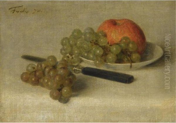 A Still Life With An Apple And Grapes Oil Painting by Ignace Henri Jean Fantin-Latour