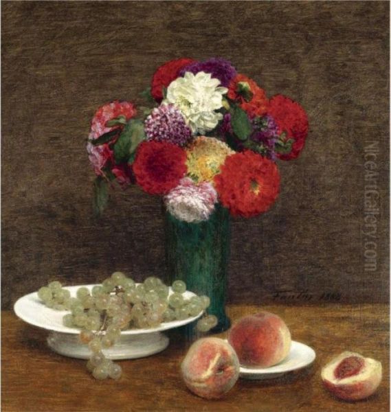 Nature Morte: Dahlias, Raisins Et Peches Oil Painting by Ignace Henri Jean Fantin-Latour