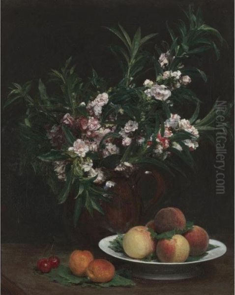 Nature Morte (balsamines, Peches Et Abricots) Oil Painting by Ignace Henri Jean Fantin-Latour