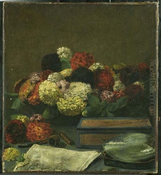 Stilleben Mit Blumen. Oil Painting by Ignace Henri Jean Fantin-Latour