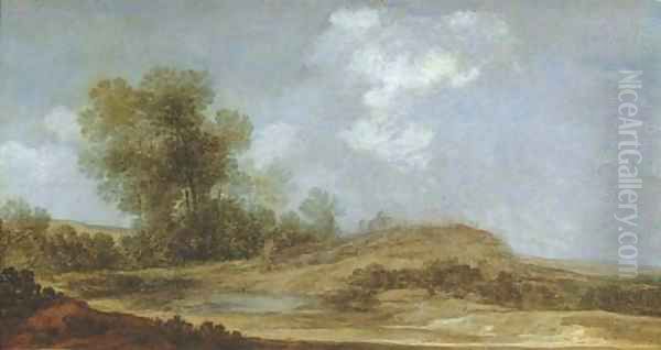 A wooded dune landscape with a shepherd herding his flock near a pool Oil Painting by Reynier Van Der Laeck